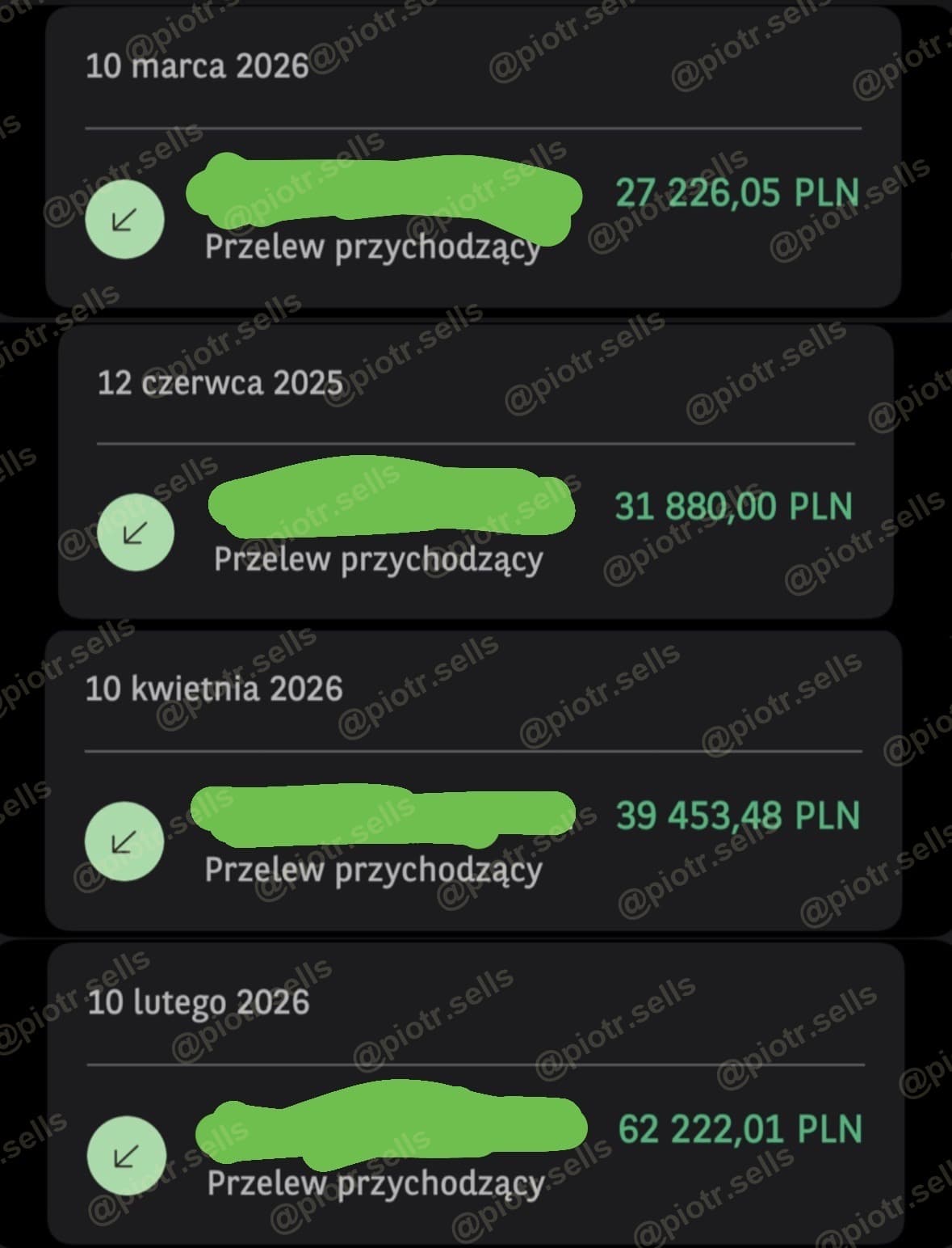 Przelewy z prowizji za closing (2025–2026) — dane zamazane